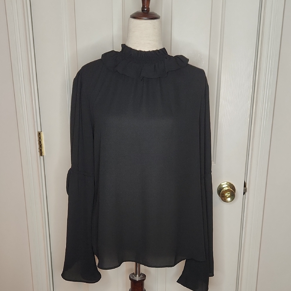 Banana Republic Black Smocked Ruffle Neck Top Sheer Long Sleeve Blouse Size M